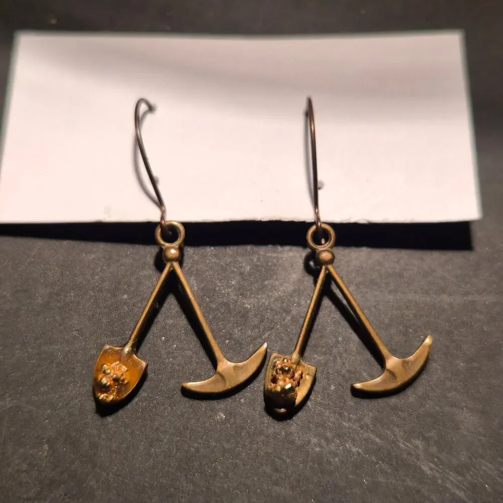 Vintage Alaskan Gold‎ Nugget Pick and Shovel Dangle Earrings Brass Bronze
